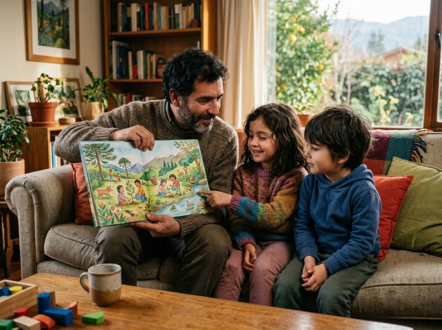 Padre leyendo un cuento a niñas y niños